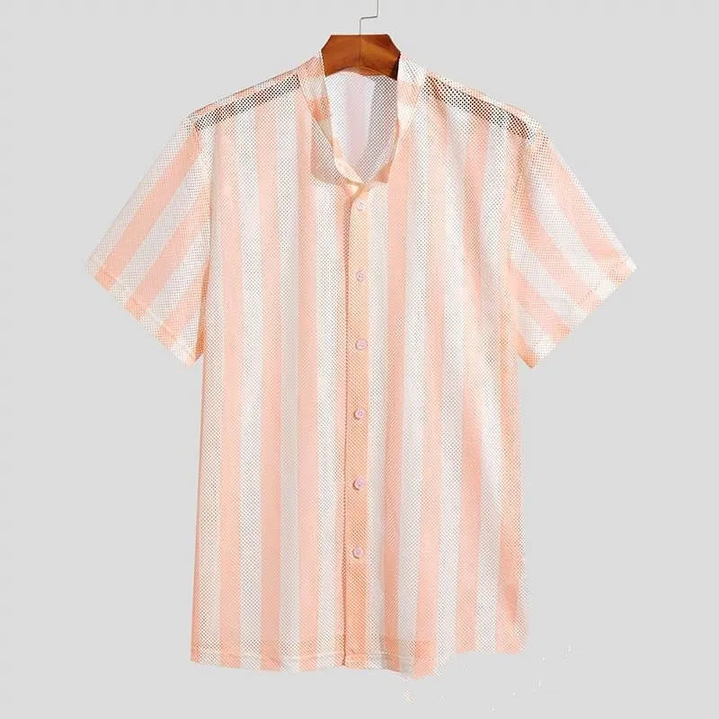Pink men's loose short-sleeved cardigan shirt with waffle weave texture and holes