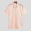 Pink men's loose short-sleeved cardigan shirt with waffle weave texture and holes