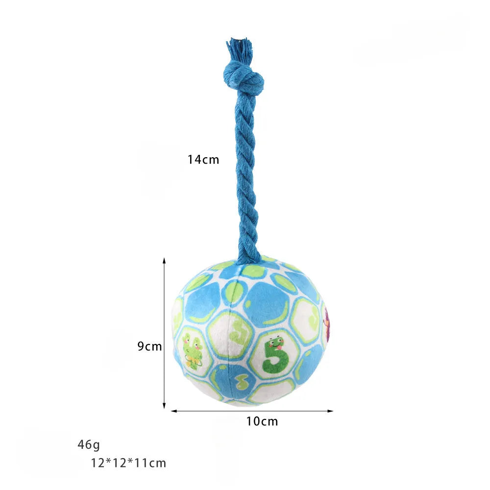 Bright coloured elastic football dog toy with cotton rope construction for tug of war and teeth grinding