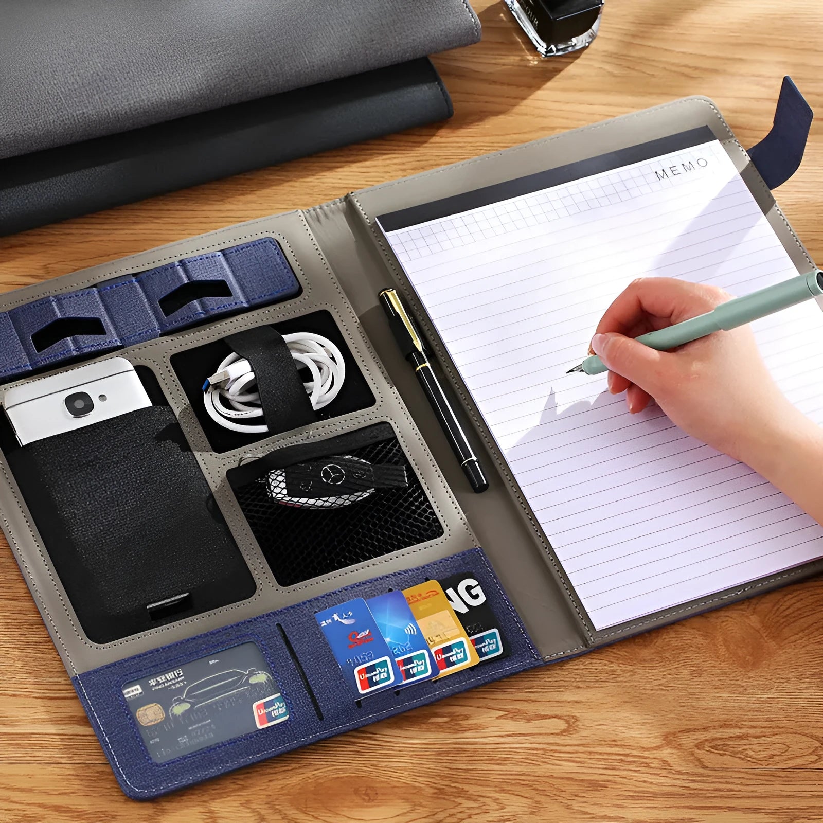 A4 leather business folder in black with pen and notepad options for office use