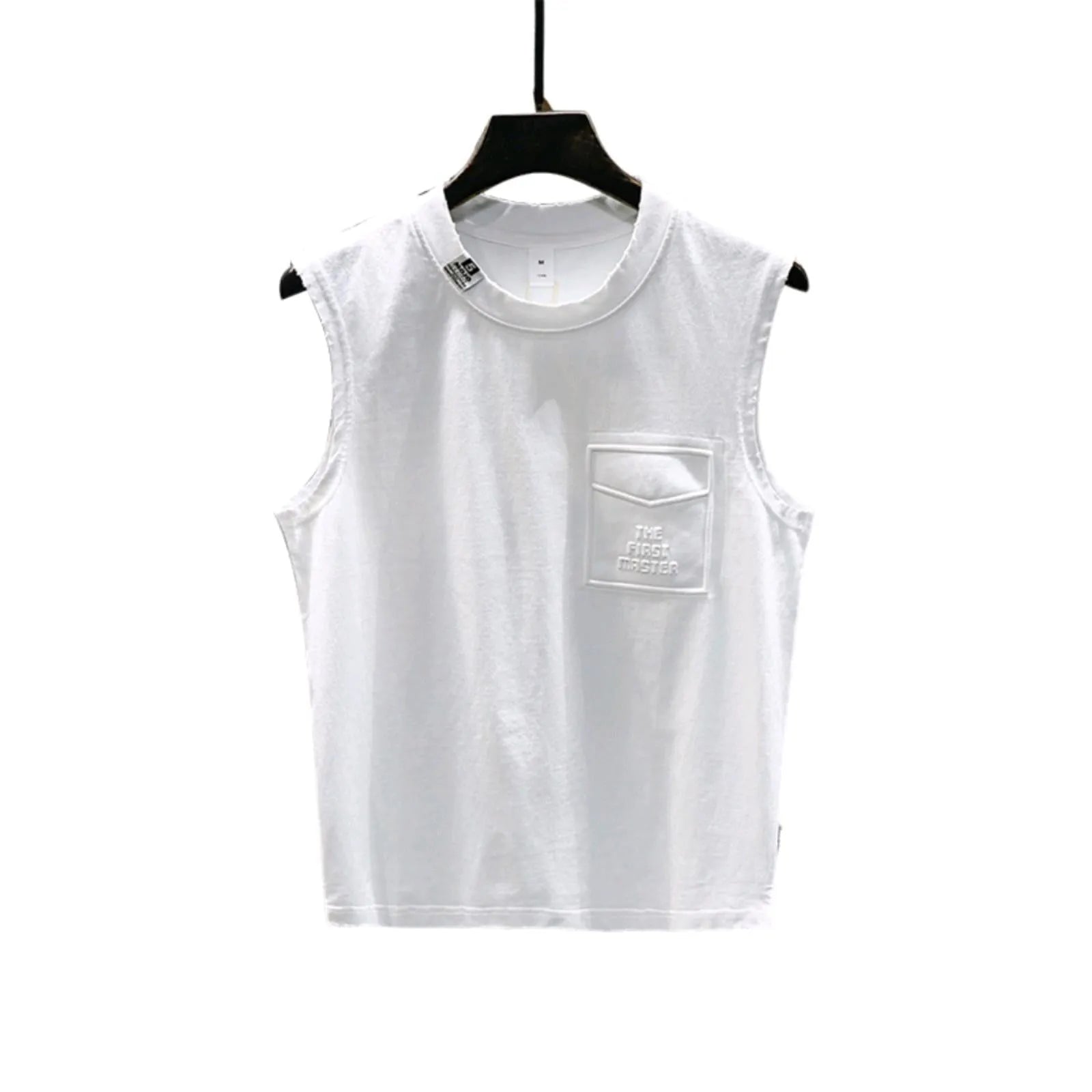 Men's solid black loose-fit cotton sleeveless t-shirt with a straight hem on a white background.