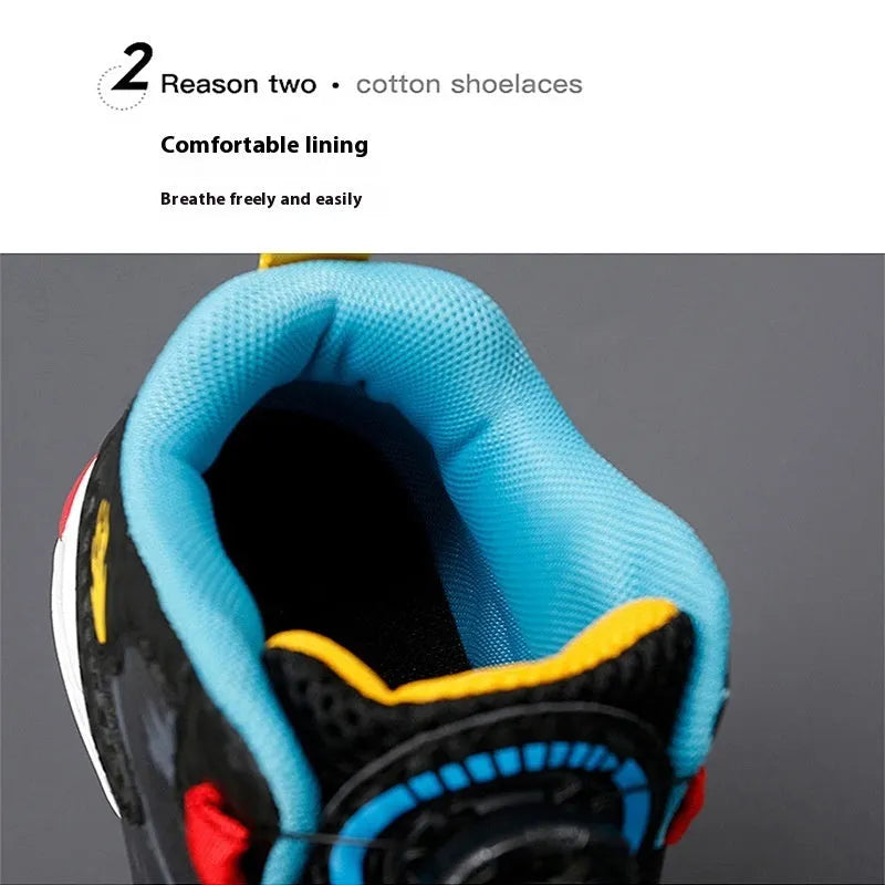 Colour options of kids' rotating button basketball shoes with synthetic leather upper