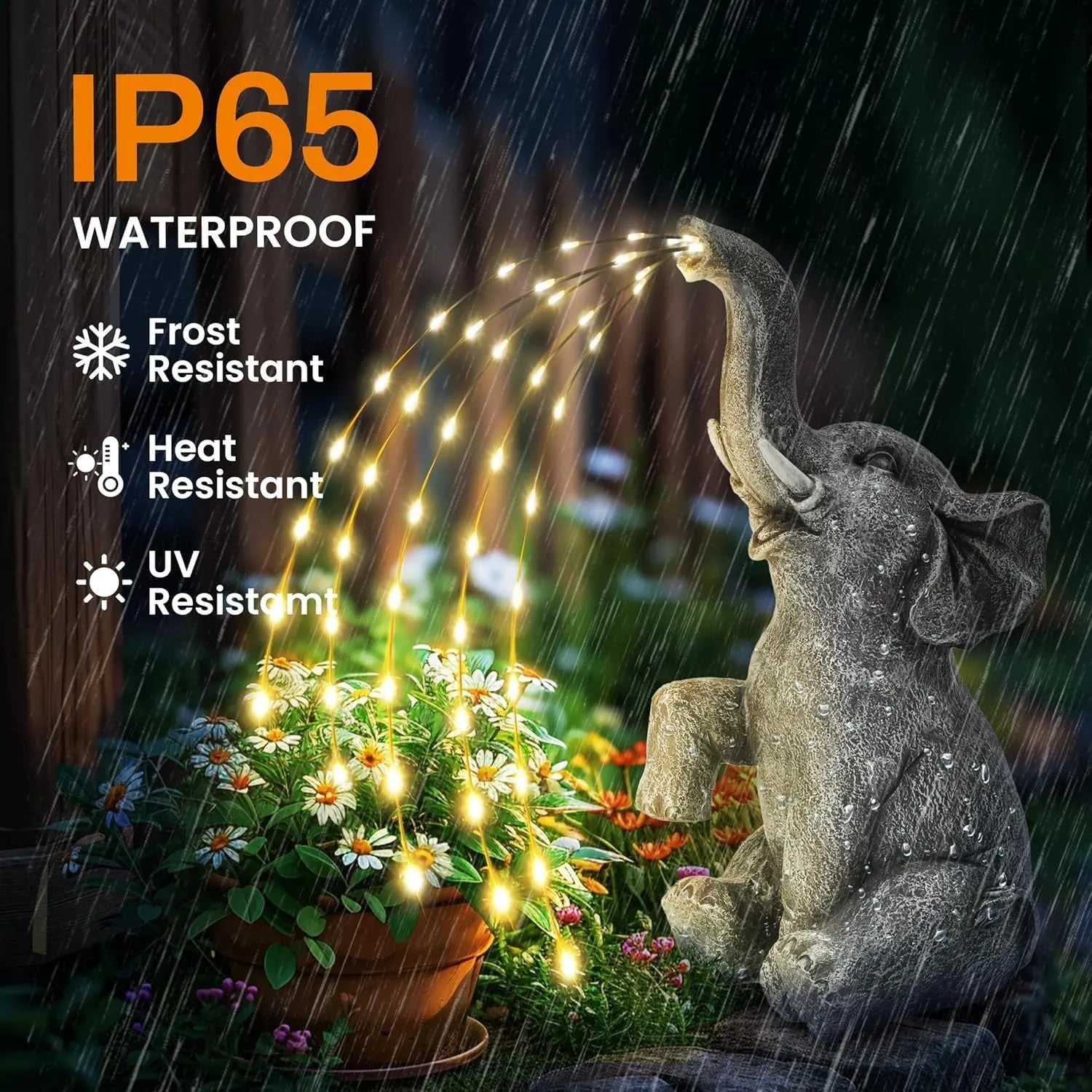 Resin elephant garden sculpture with integrated LED lighting strip for outdoor decoration
