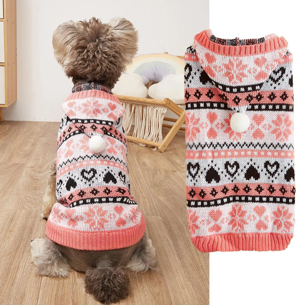 Pink striped camouflage dog sweater with snowflake design on a Bichon dog