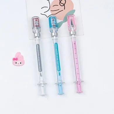 Creative vaccine-style gel pen with black cap, showing 15.7cm length and 0.5mm tip.