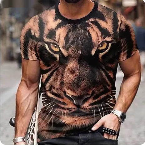 Men's grey t-shirt featuring a fierce 3D lion face print on the chest.