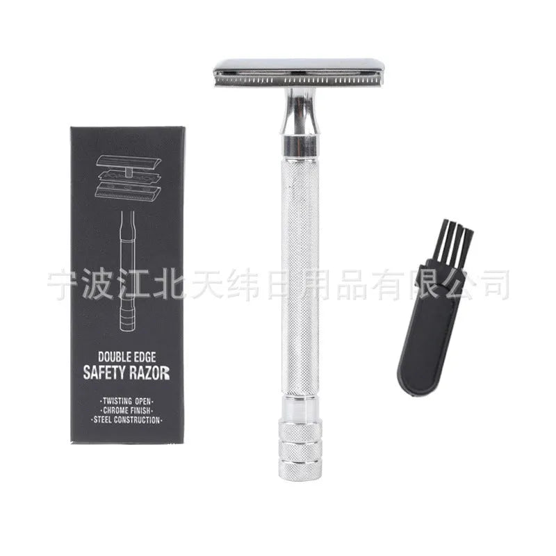 Traditional manual safety razor with natural bristle brush shaving set in black or silver finish