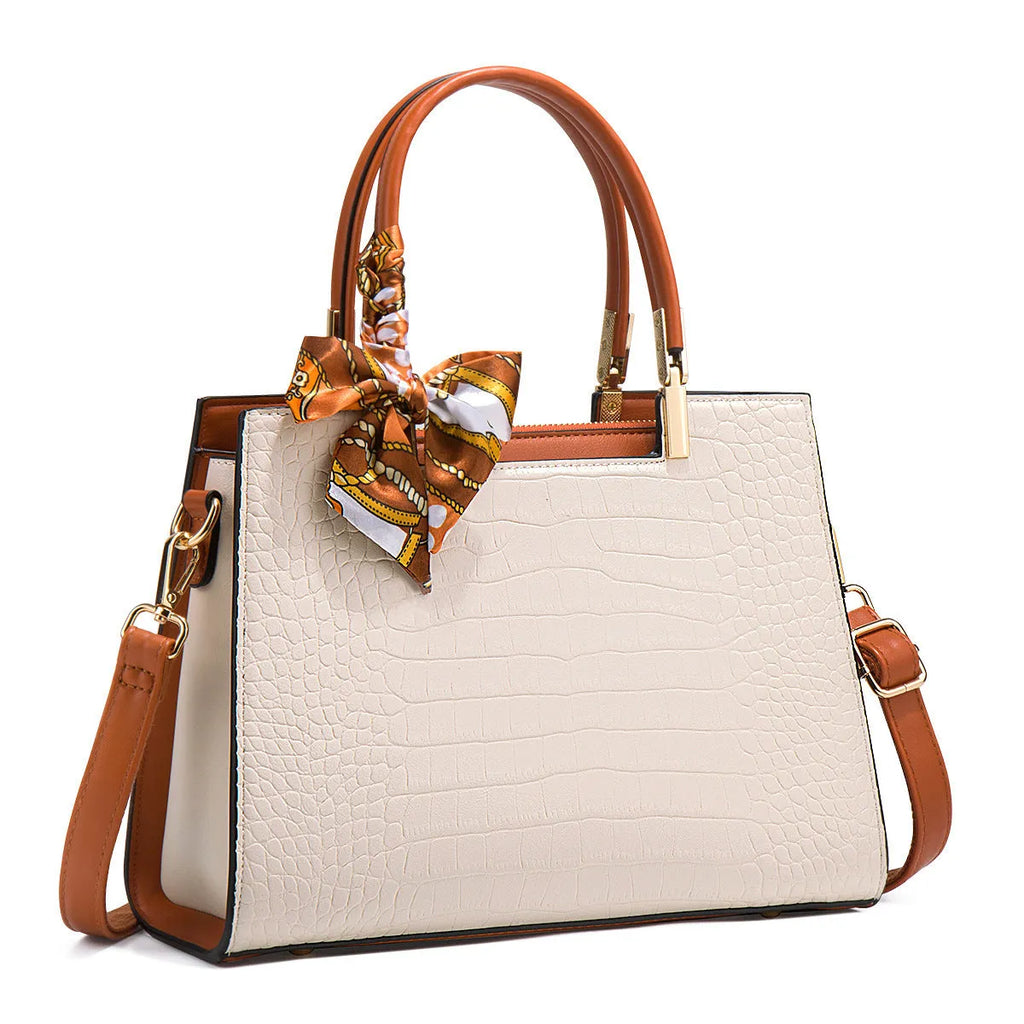 Milky white women's large-capacity PU shoulder handbag with multiple internal compartments and an external slit pocket.