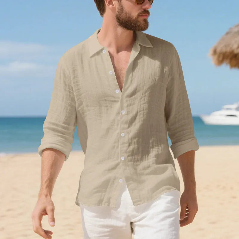 Linen casual shirt in Army Green colour with American-style loose fit and non-ironing construction