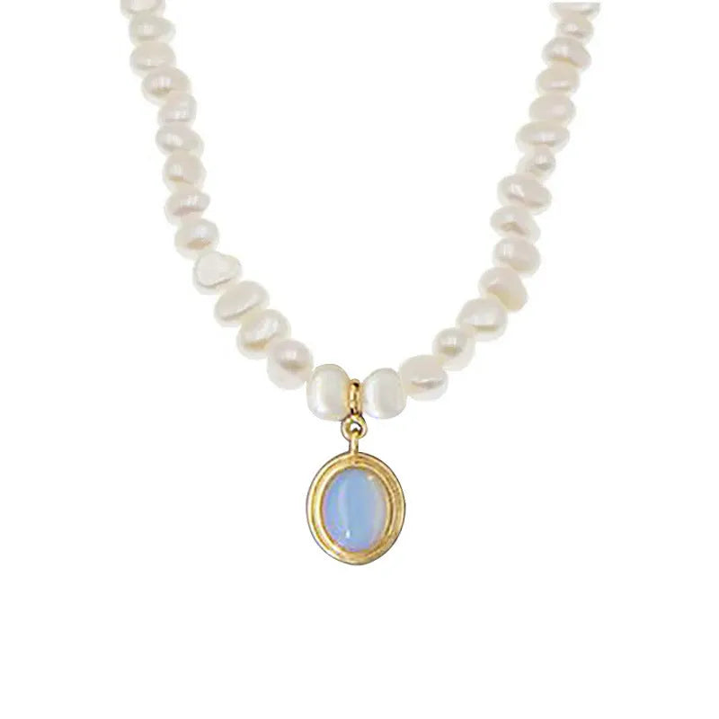 Geometric round medal pearl necklace with irregular freshwater pearls on adjustable silver chain