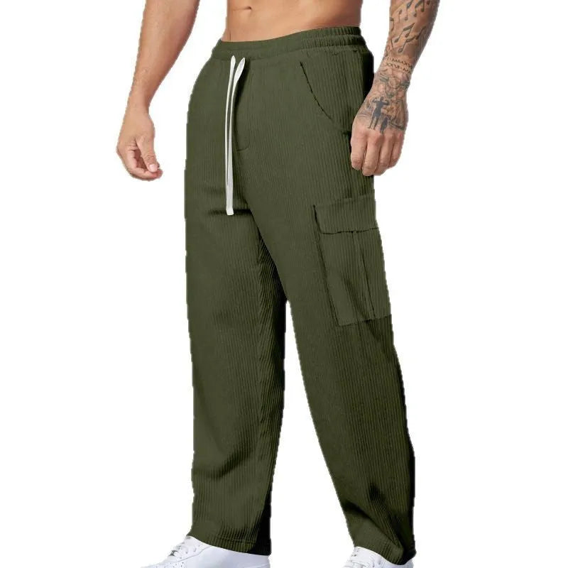 Men's corduroy cargo trousers with drawstring waist in wide-leg straight-leg design
