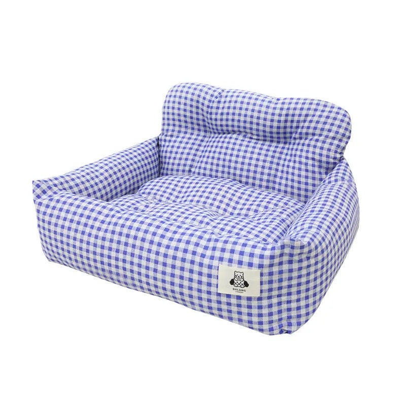 Grey and blue plaid stain-resistant cloth dog car nest in small and large sizes.