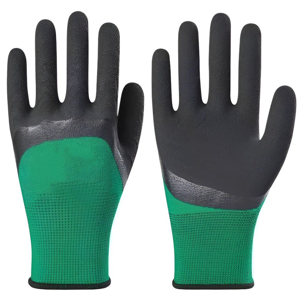 Black and green rubber work gloves with textured non-slip surface, shown in size M.