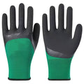 Black and green rubber work gloves with textured non-slip surface, shown in size M.