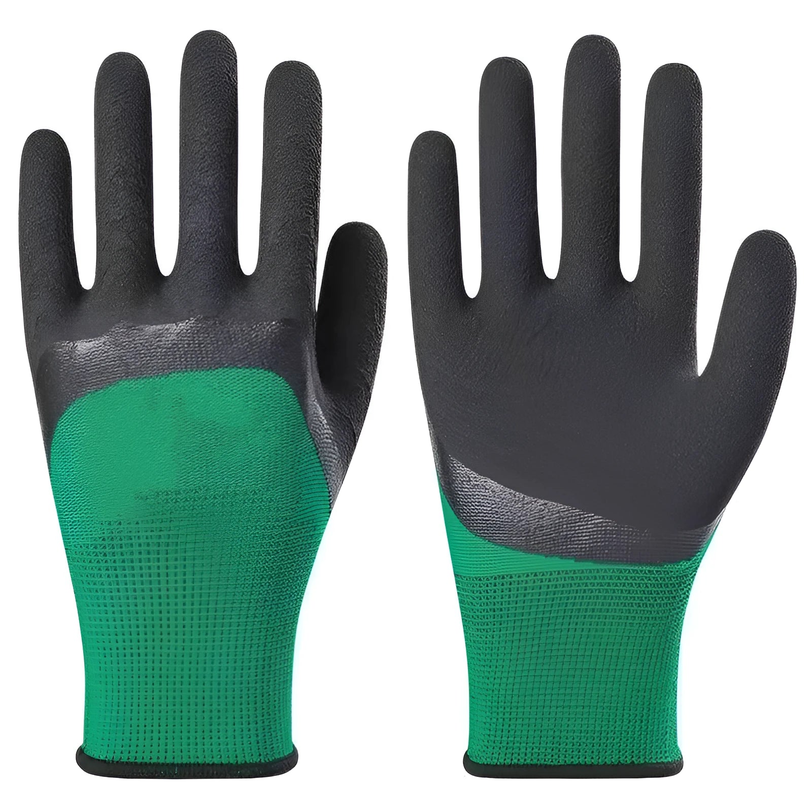 Black and green rubber work gloves with textured non-slip surface, shown in size M.