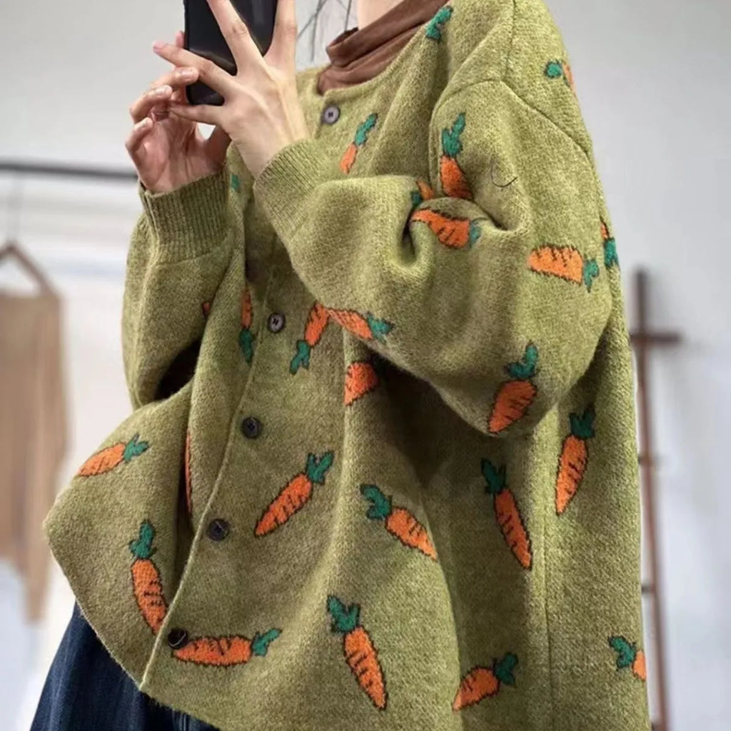 Round neck casual cardigan with Mori artistic printing colour contrast loose fit styling