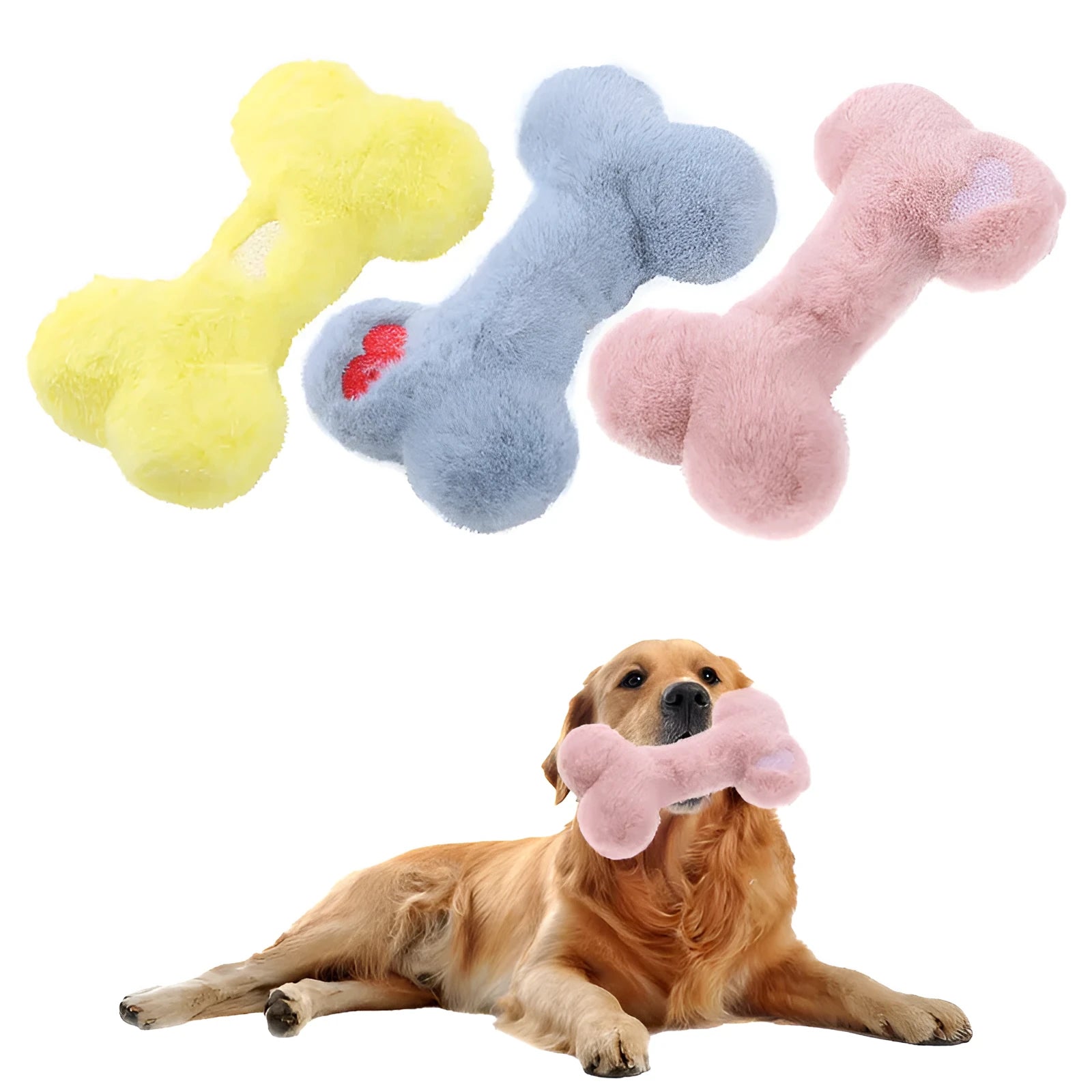 Blue, pink and yellow bone-shaped plush dog toys with squeaker for interactive play