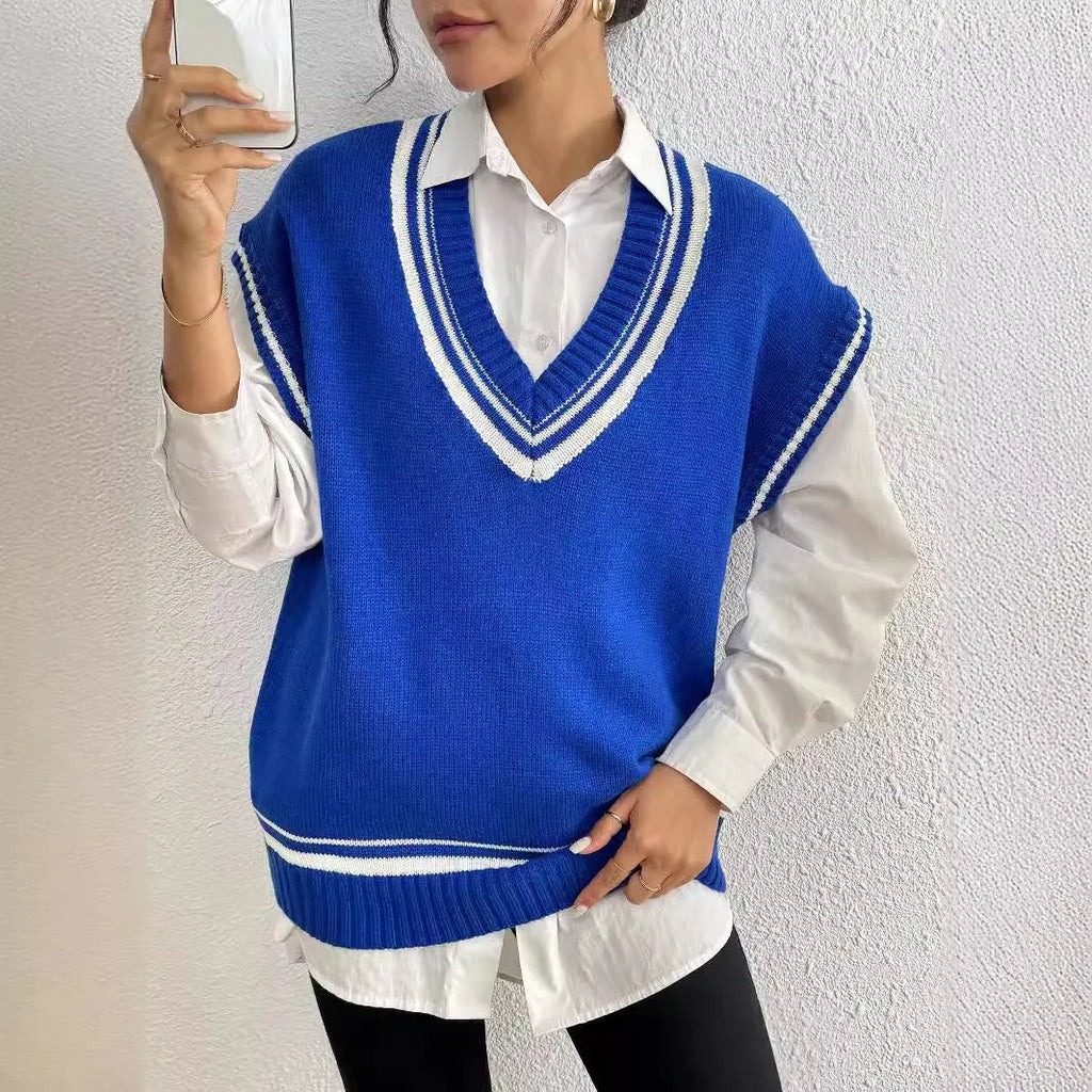Women's loose-fit acrylic blend vest sweater in college style available in blue, coffee, and black colours