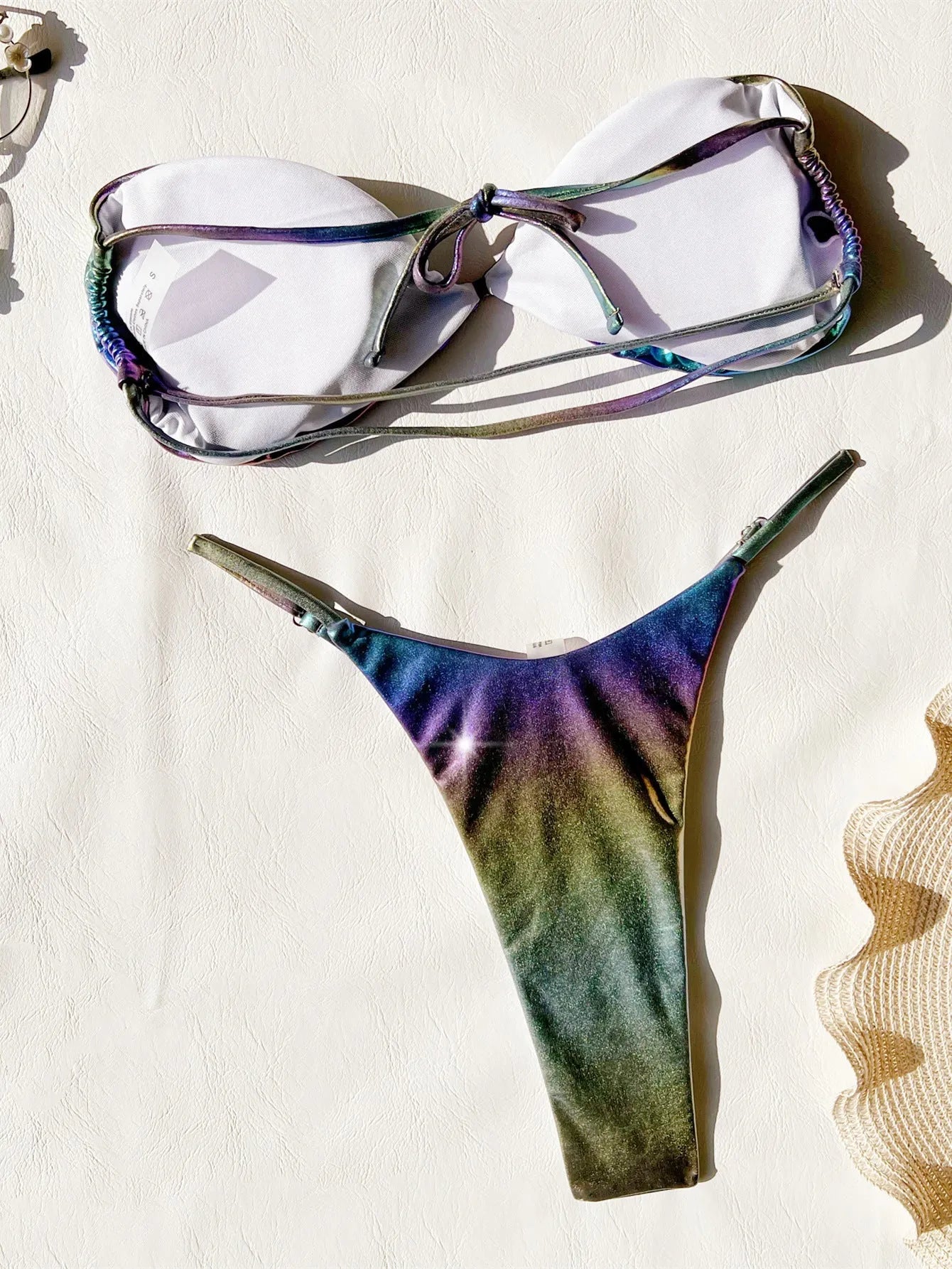 Women's gradient purple polyester bikini swimsuit set for swimming.