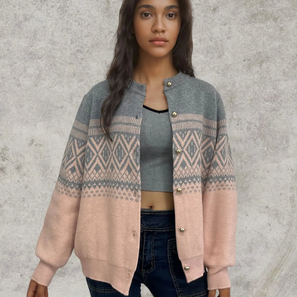 Women's grey alpaca wool cardigan with diamond knit pattern and long sleeves