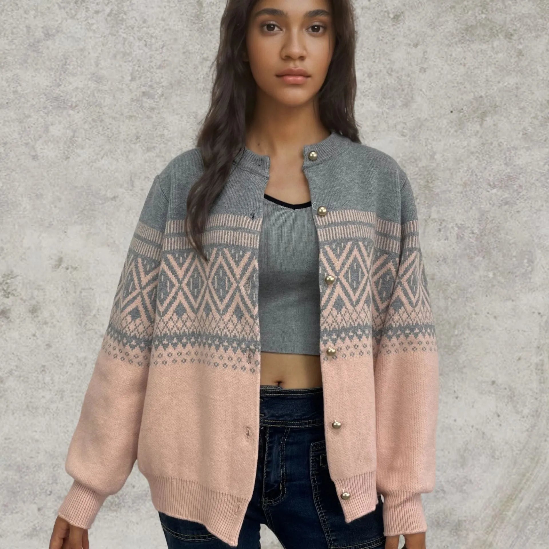 Women's grey alpaca wool cardigan with diamond knit pattern and long sleeves