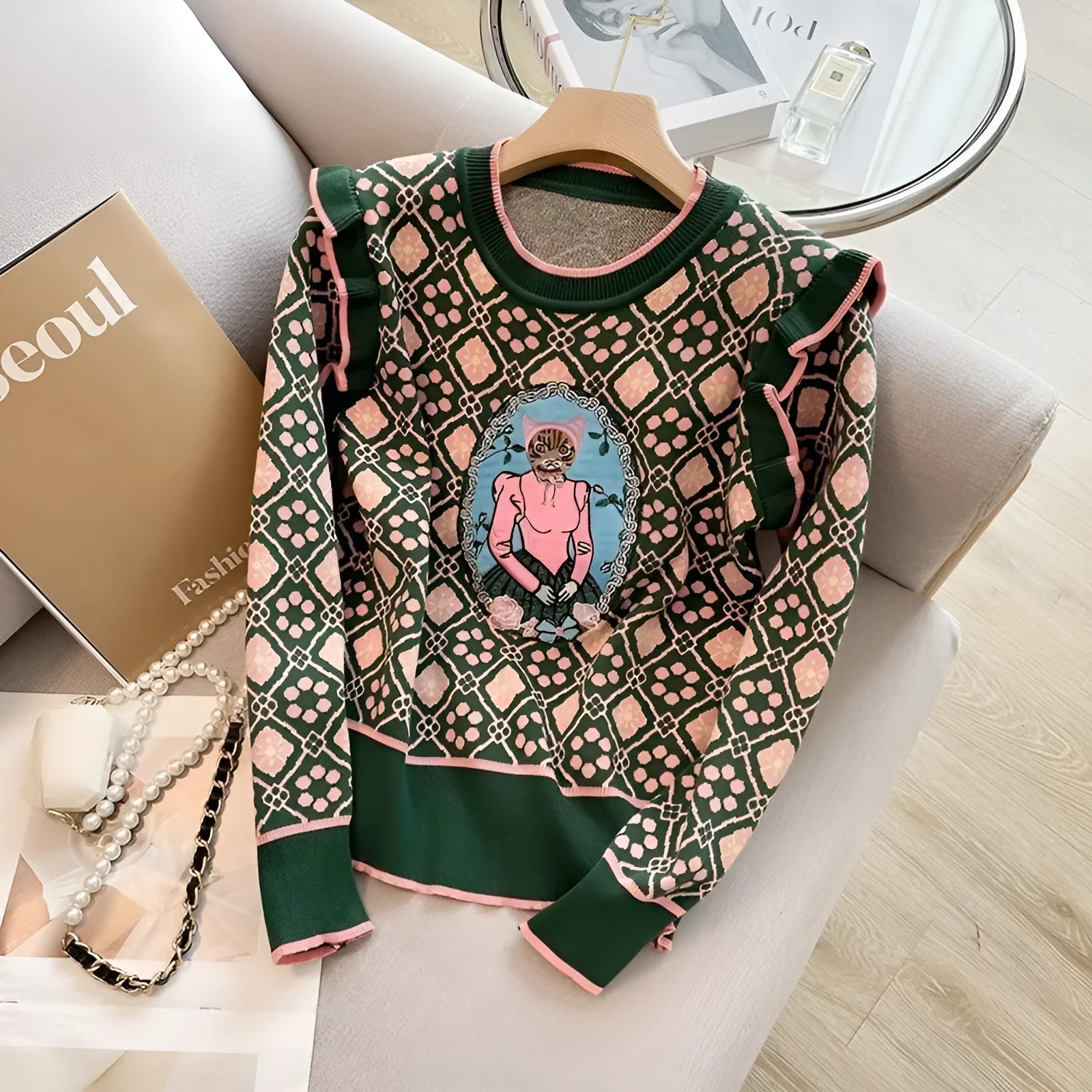 Green printed loose-fit women's jumper with regular sleeves on a hanger