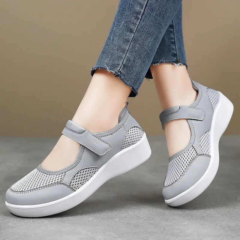 Women's low-top casual shoes in mesh fabric with Velcro strap, shown in multiple colours.