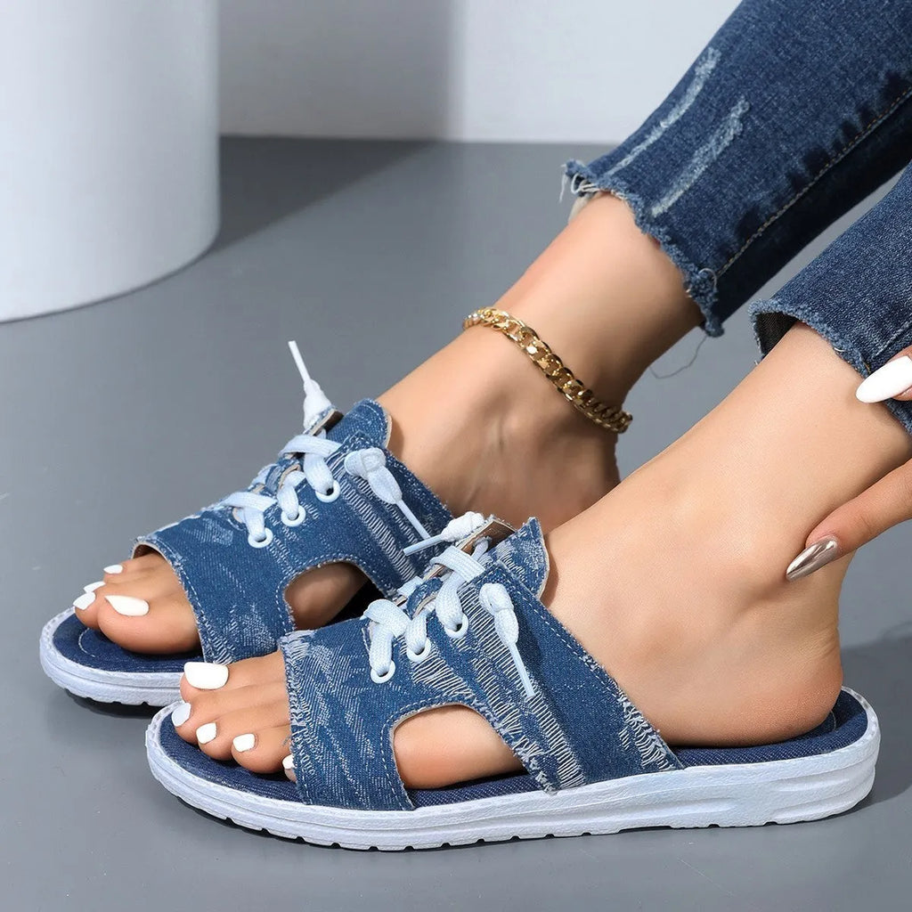 Blue Roman-style women's flat canvas slippers with cloth upper and rubber sole