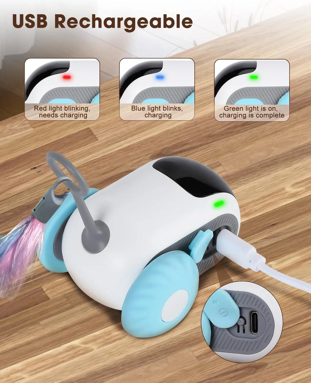 Blue smart cat toy car with feather teaser attachment and remote control on white background