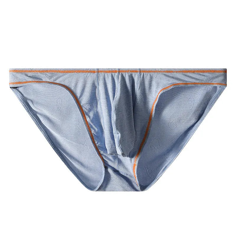 Men's hip-lift underwear in modal ice silk knit showing colour options and Asian sizing
