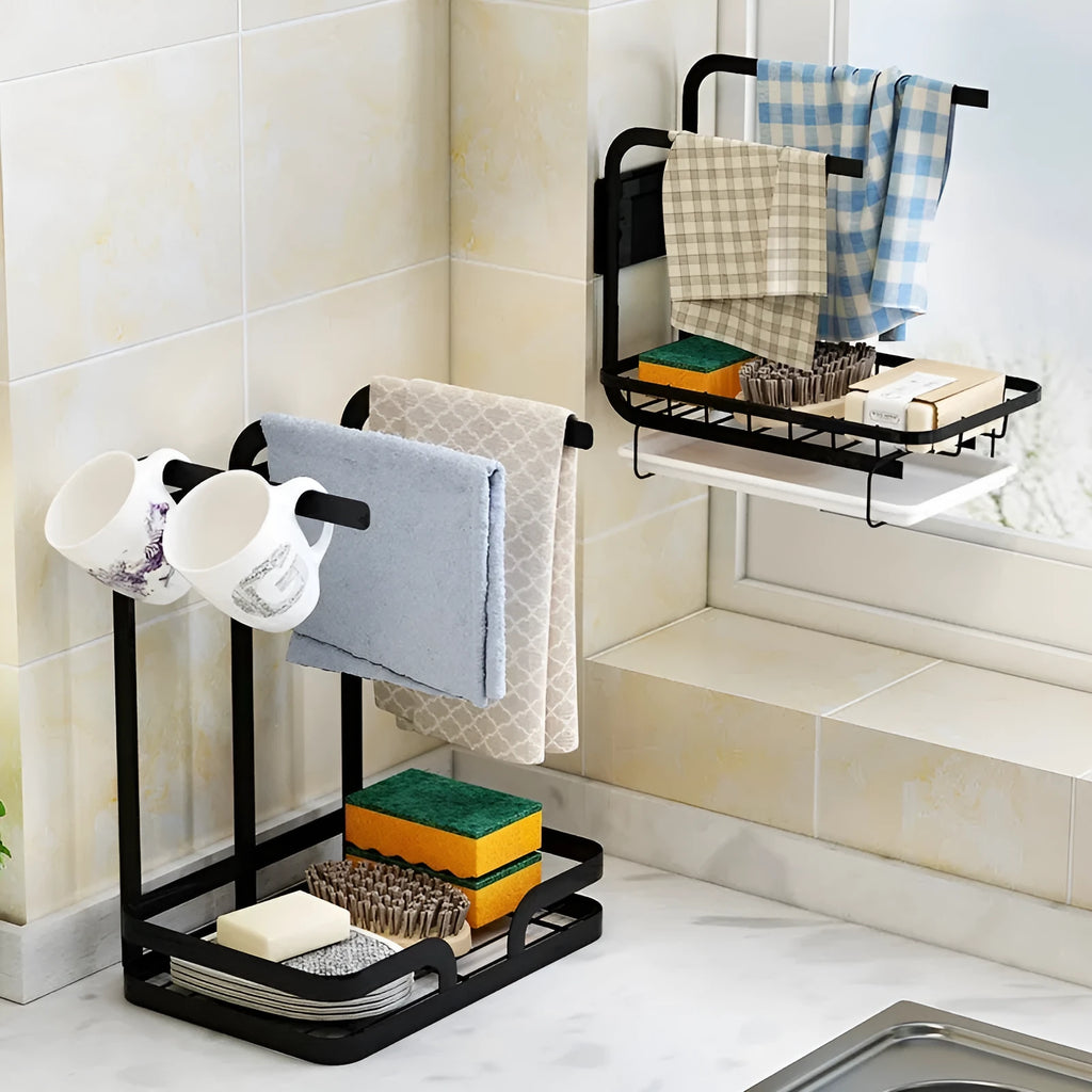 Foldable plastic kitchen draining storage rack for dishcloths and sponges with wall or countertop mounting