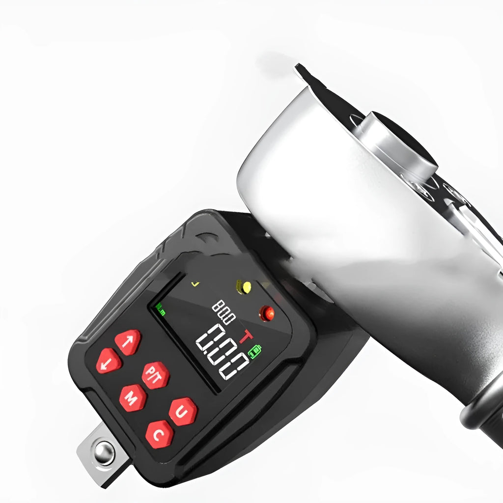 Digital torque meter with display screen and 1/2 inch square drive, part of a three-piece tool set.