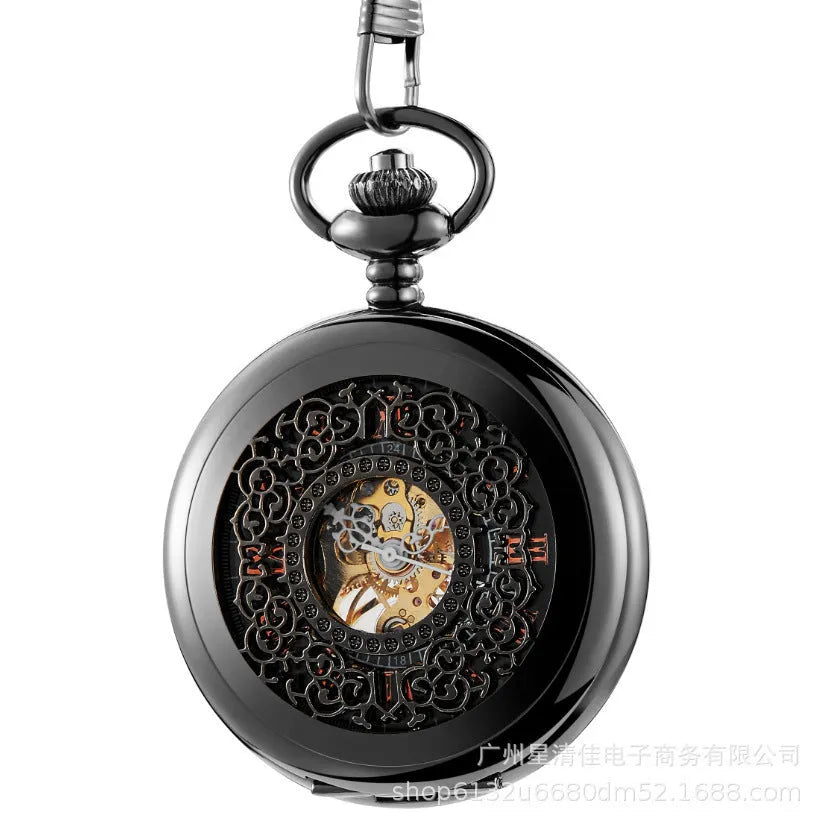 Retro hollow case automatic pocket watch with large floral dial on thick alloy strap