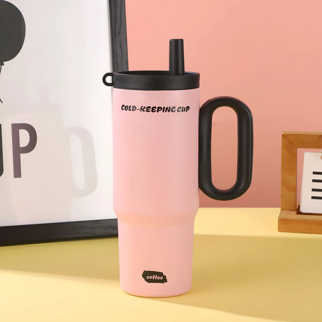 Large portable insulated straw cup with carry handle in choice of colours.