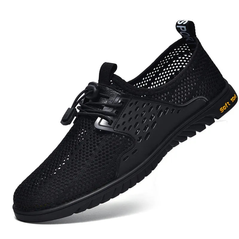Men's mesh casual shoes in black colour with elastic band slip-on design