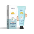 Bottle of sunscreen moisturising liquid foundation in three shades: dark skin, ivory white, natural colour.