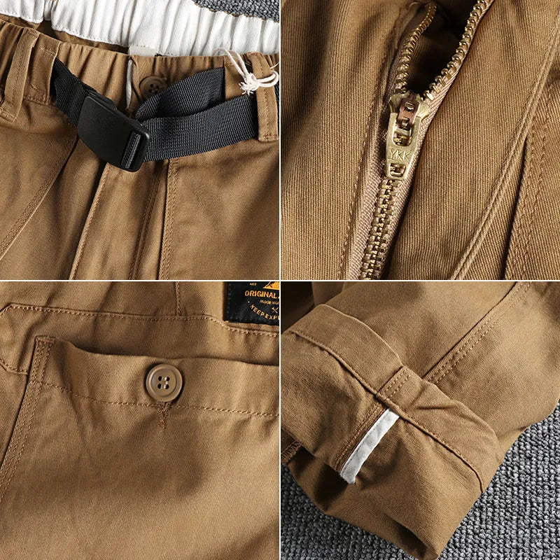 Men's khaki cotton trousers with belt buckle detail on mid waistband
