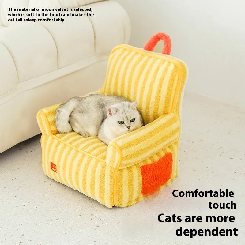 Striped soft velvet dog bed with a removable cover in orange, purple, or yellow colour options.