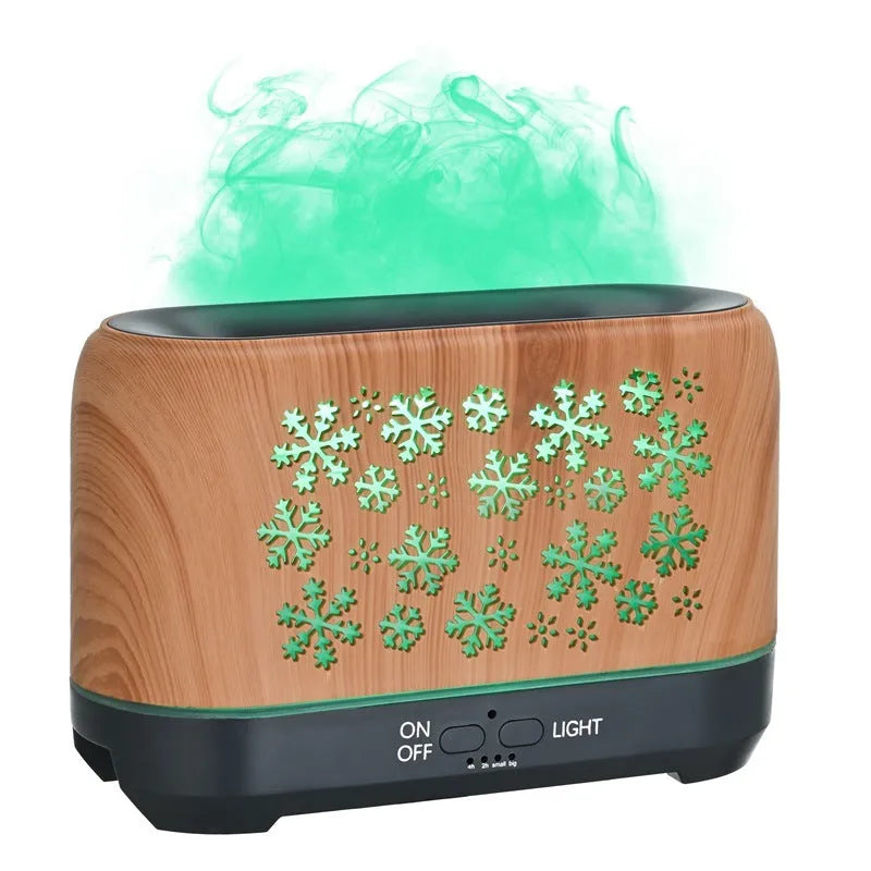 Snowflake pattern aromatherapy humidifier with colourful LED flame effects and remote control