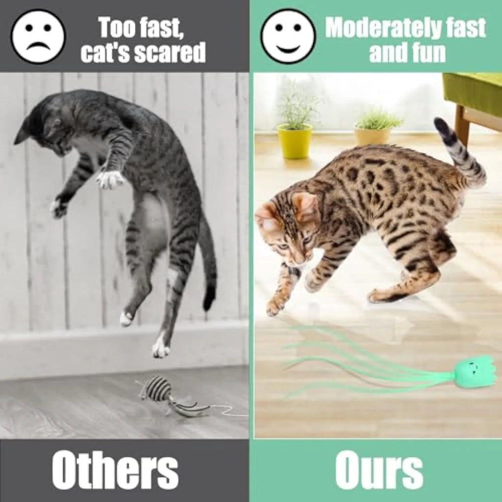 Green automatic cat wand toy with swinging silicone tails for indoor cat play