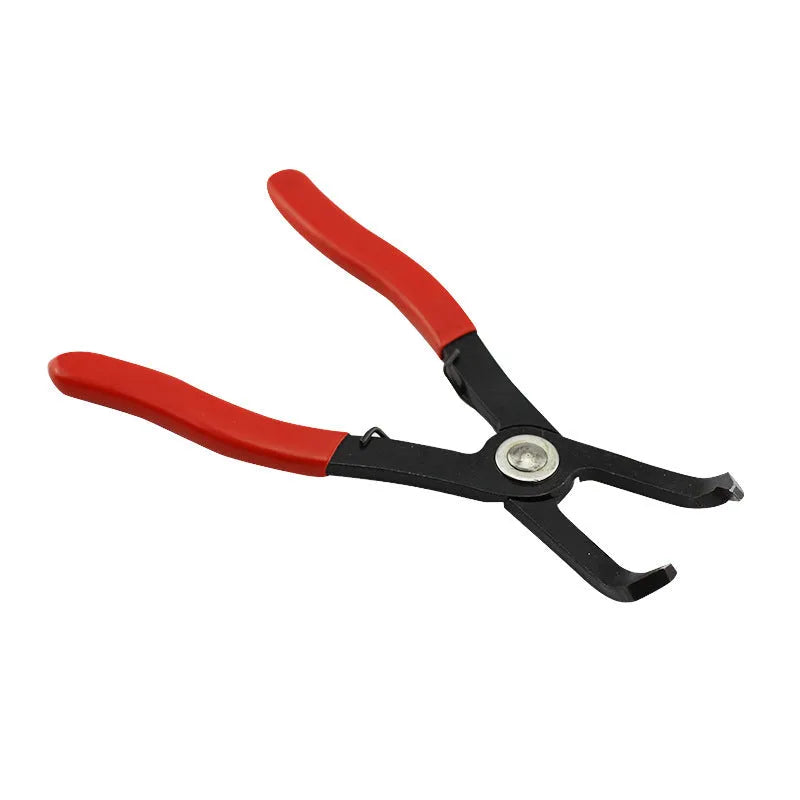 Red interior round nail removal pliers with PVC handles, showing jaw opening for fastener extraction.