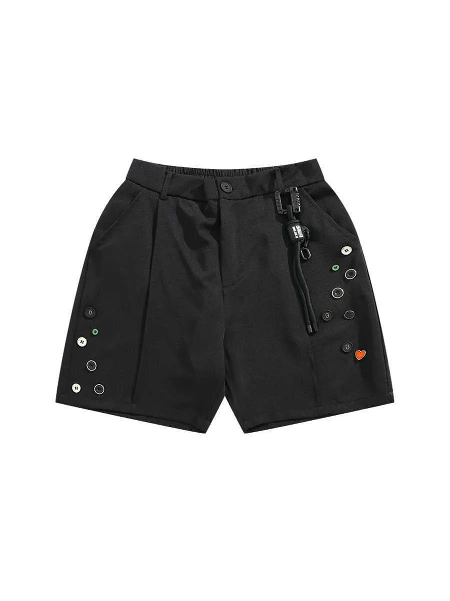 Men's black loose-fit semi-elastic casual shorts with button and zip fly, shown above the knee.