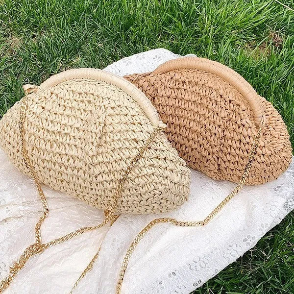 Khaki paper straw shoulder bag for women with shell shape, chain detail, and polyester lining for beach and daily use