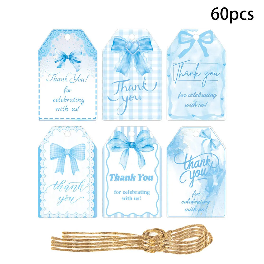 Birthday party gift tags with bowknot designs and natural hemp rope ties