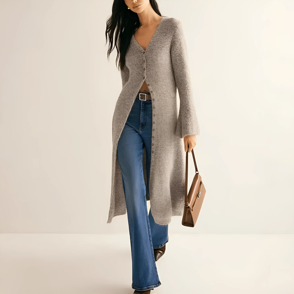 Khaki French style retro long sleeve cardigan coat with button fastening