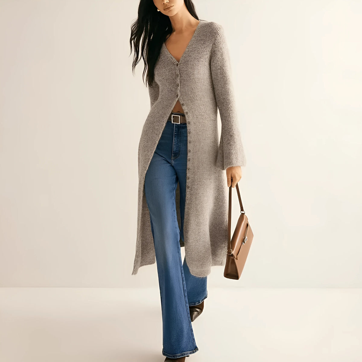 Khaki French style retro long sleeve cardigan coat with button fastening