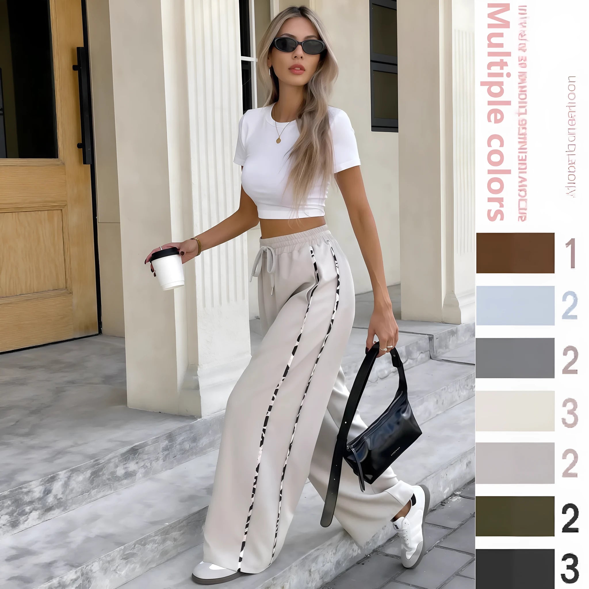 Women's high waist loose straight trousers with lace-up drawstring waist in army green colour