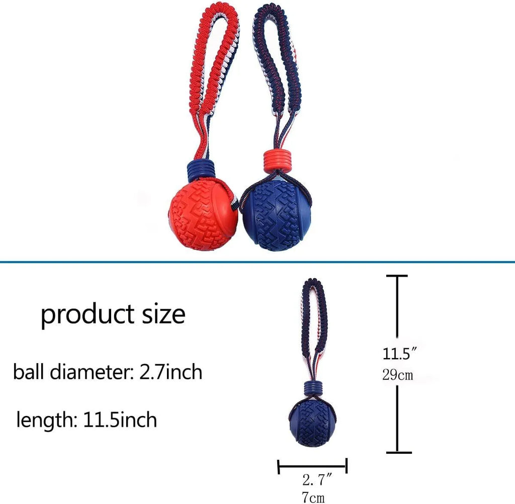 Red rubber dog ball with rope attachment for tug of war and teeth cleaning