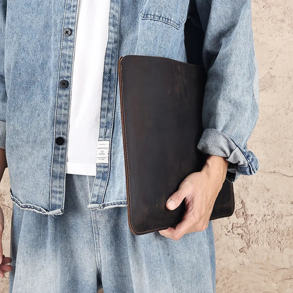 Brown genuine leather computer liner bag with horizontal design and wear-resistant cowhide lining