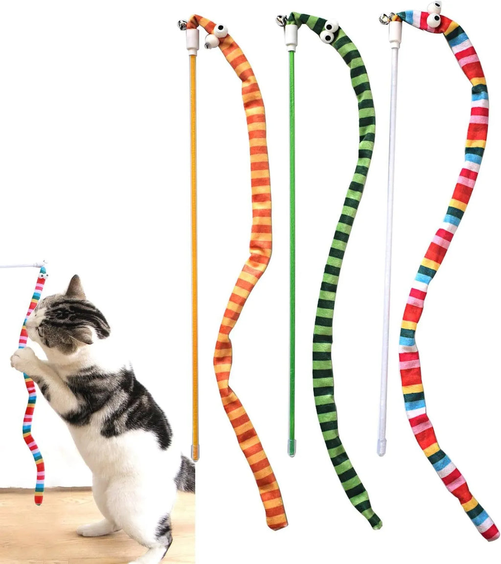 Green cat wand toy with long plush strip on a polycarbonate pole, shown mid-swing.